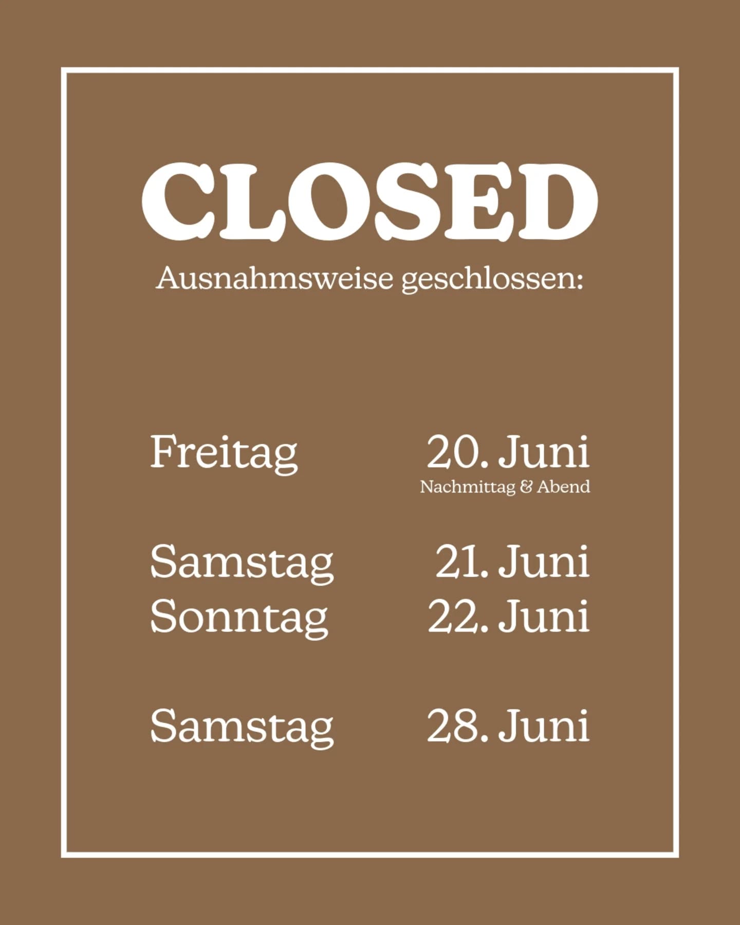 Sorry, we're closed 😬✌🏼
.
An diesen Daten im Juni ist die PAUSE ausnahmsweise GESCHLOSSEN 🚫
.
Freitag-Sonntag, 20.-22. Juni
➡️ wir sind am eidgenössischen Turnfest in Lausanne🤸🏼♀️
Freitagmorgen ist noch offen ☝🏼
.
Samstag, 28. Juni
➡️ aufgrund Badi-Eröffnungsfest 🌊🏖