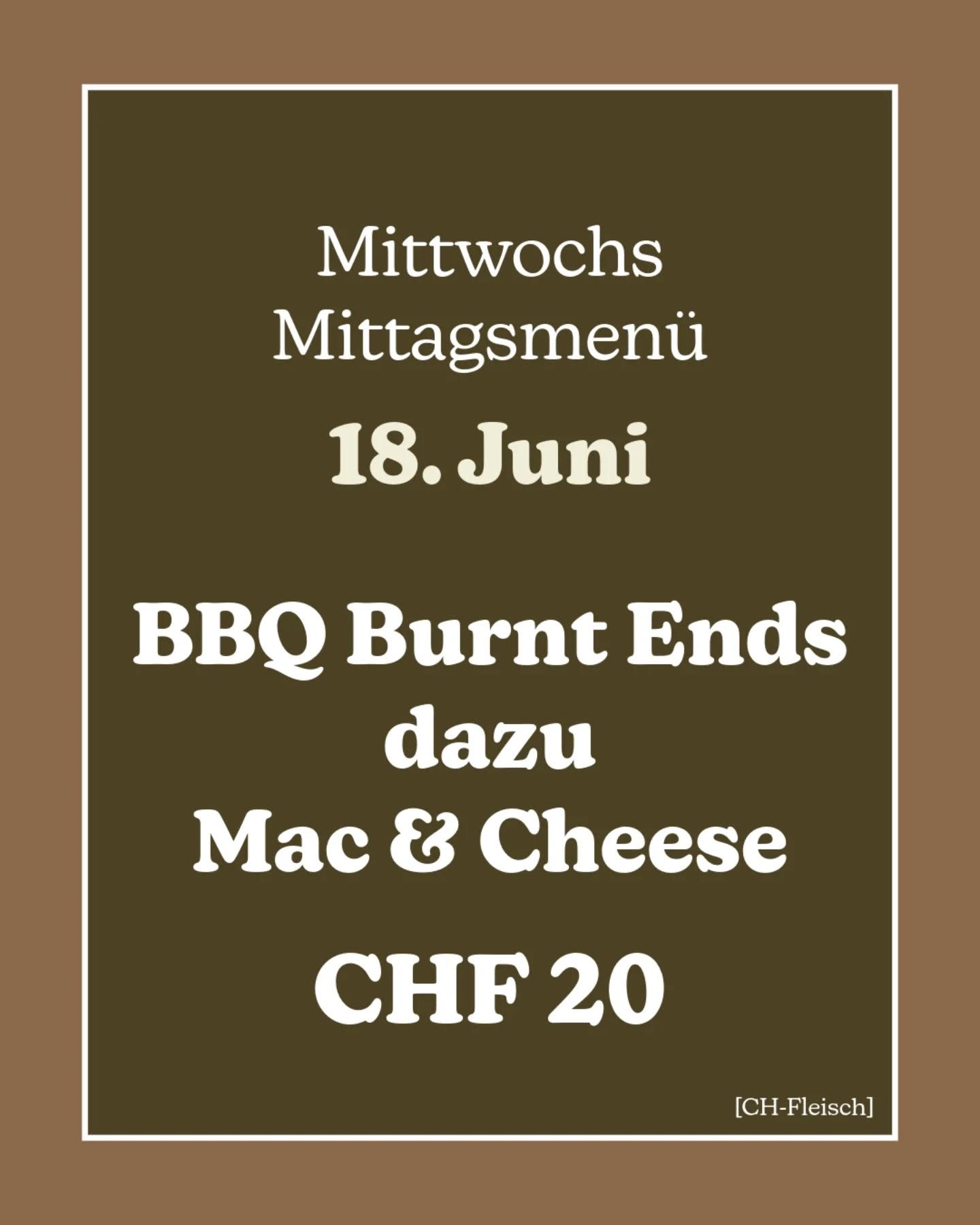 BBQ-Lunch
.
Das Wetter schreit nach Grill! Oder in unserem Fall nach Smoker und BBQ-Lunch 😎☀️
.
Burnt Ends gehören zum klassischen "American BBQ" und sind saftige Stückchen vom Schwein, gesmokt mit einer leckeren Marinade. Dazu Makkaroni mit Käsesauce 🤤🤤🤤
.
Jetzt einen Platz bei uns reservieren und dir unseren BBQ-Lunch zu Gemüte führen!
.
Vegi? Dann ohne Fleisch für dich 😊👌🏼
.
Wir freuen uns auf deinen Besuch!